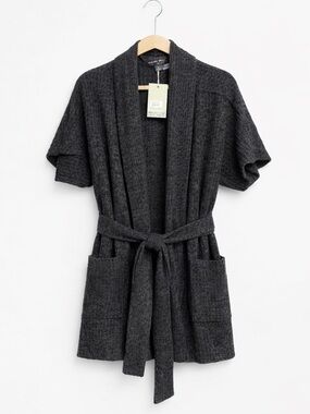 Barefoot Dreams CozyChic Lite Belted Kimono Cardigan Carbon Black Soft Knit
